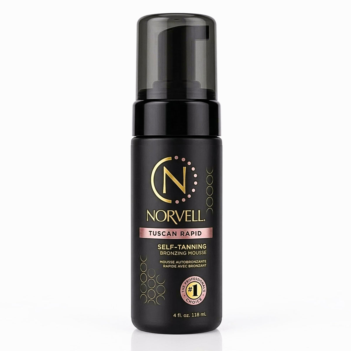 Norvell front packaging showing bottle and bronzed results, quick application benefit