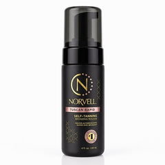 Norvell front packaging showing bottle and bronzed results, quick application benefit