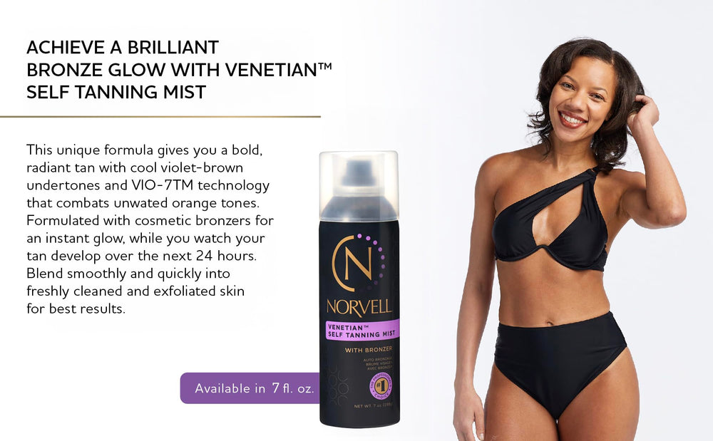 Norvell lifestyle model on beach with Venetian glow and natural-looking tan