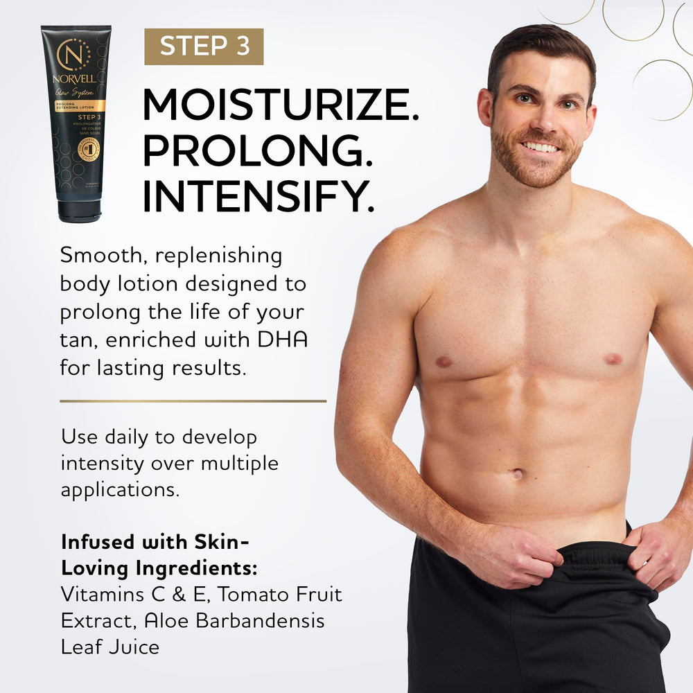 Norvell beside applicator mitt indicating cleaner, streak-free self-tan application