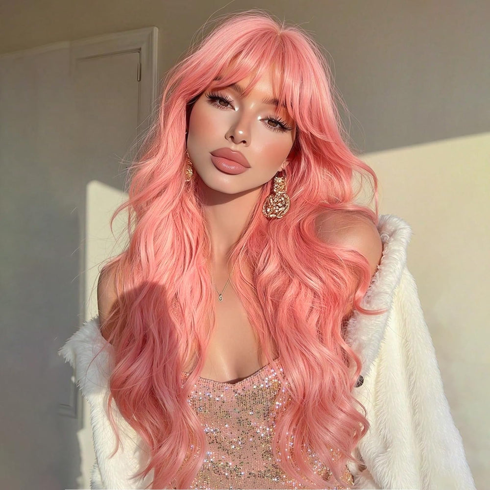 NOSTALGIA front view showing soft coral-pink wig and full volume benefit