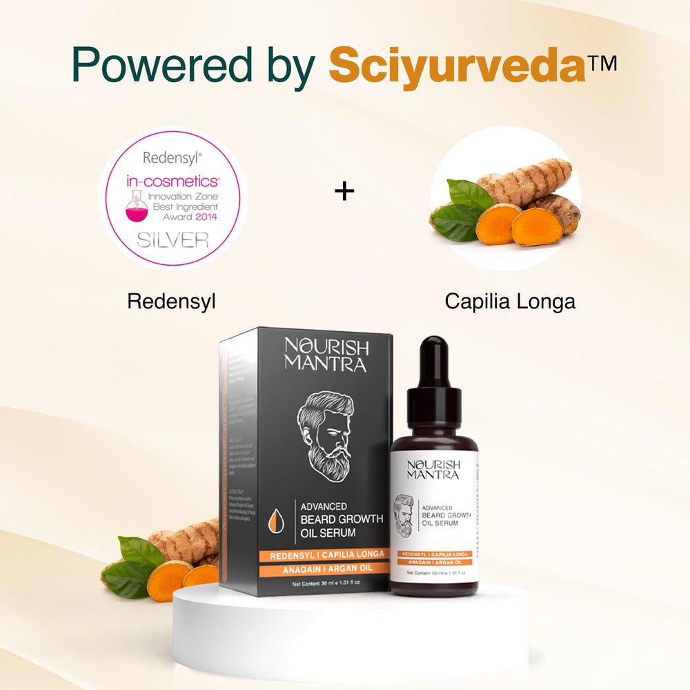 NOURISH MANTRA dropper dispensing lightweight beard serum for precise application