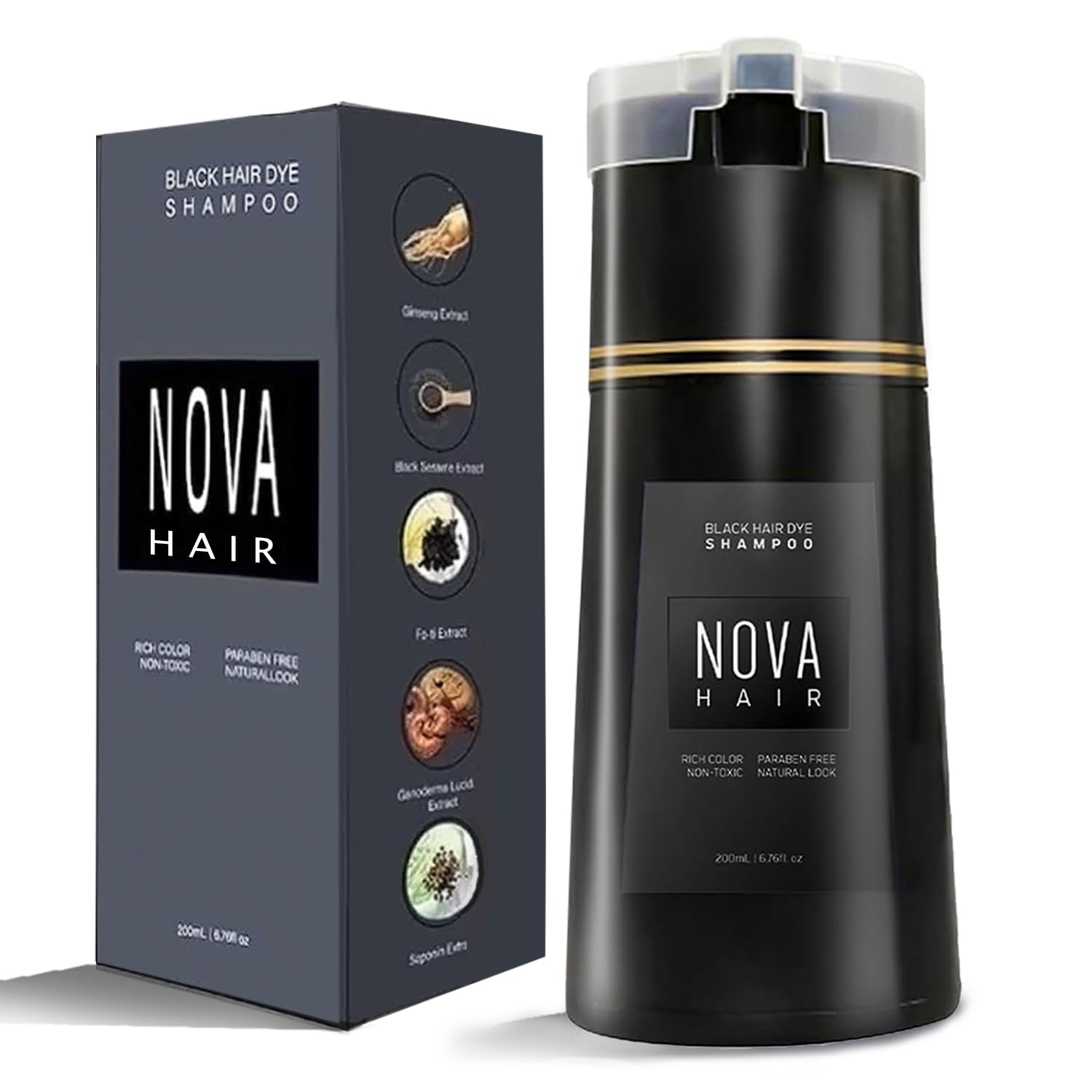 Nova Hair front packaging showing bottle and black shade benefit