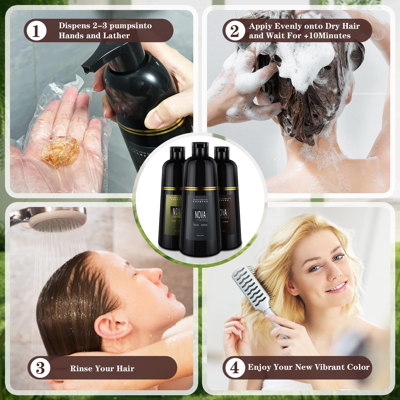 NOVA SHAMPOO before and after gray blending showing natural-looking black results
