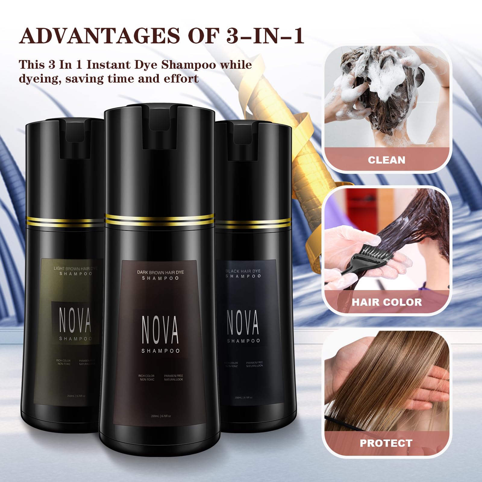 NOVA SHAMPOO bottle on bathroom shelf staged for lifestyle convenience and routine use
