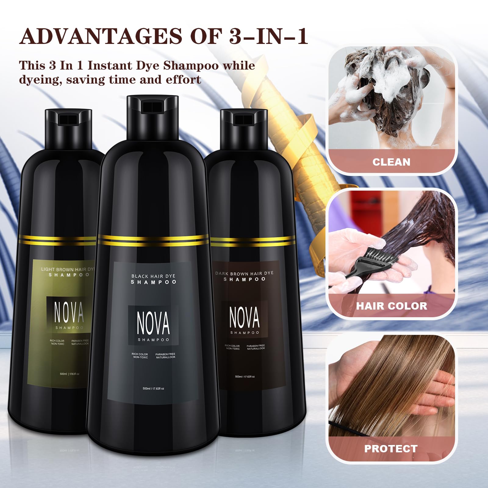 NOVA SHAMPOO on a bathroom shelf in a lifestyle scene showing everyday use