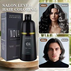 NOVA SHAMPOO pump and ingredient label close-up highlighting natural botanicals
