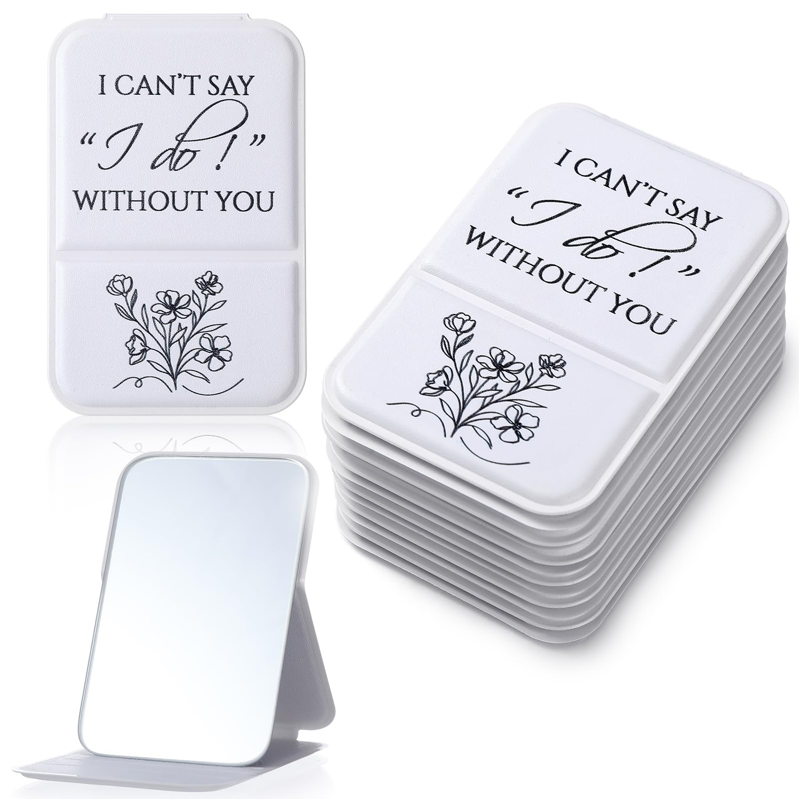 Novabright compact mirror front view showing elegant white finish and wedding message
