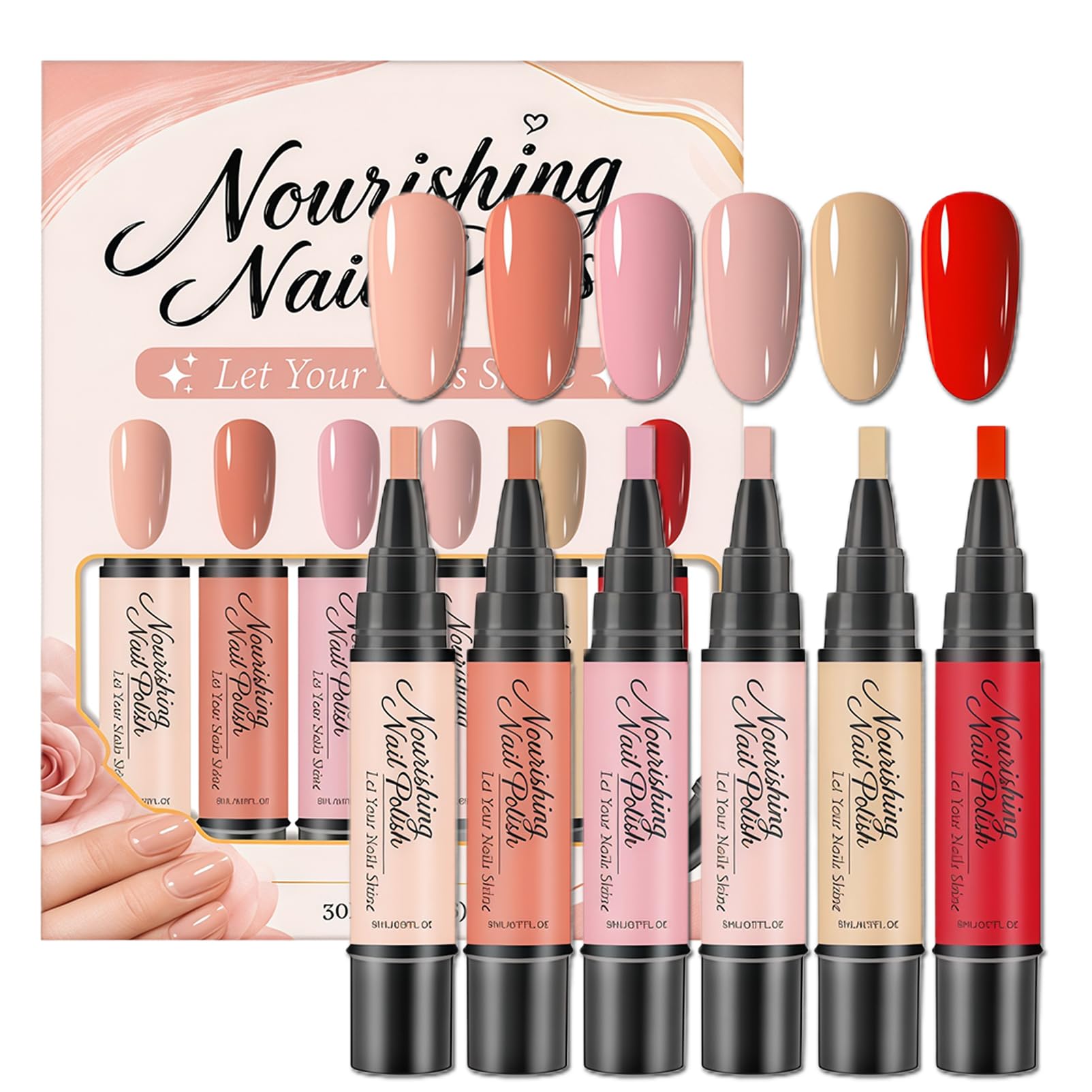 NovaCharm front packaging showing six quick dry nail pens and colors for easy selection