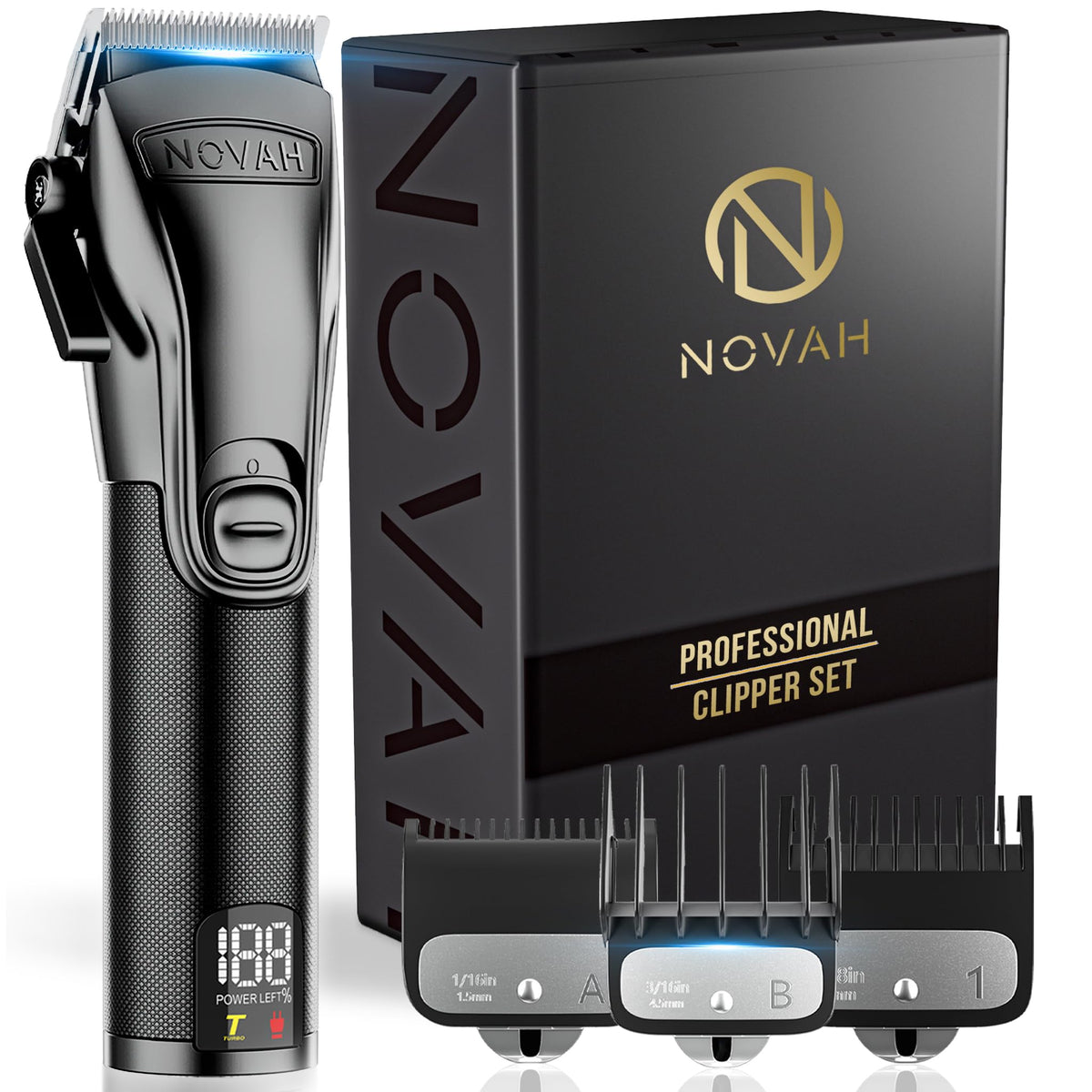 NOVAH clipper front view showing ergonomic grip and professional balance benefit