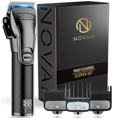 NOVAH clipper front view showing ergonomic grip and professional balance benefit
