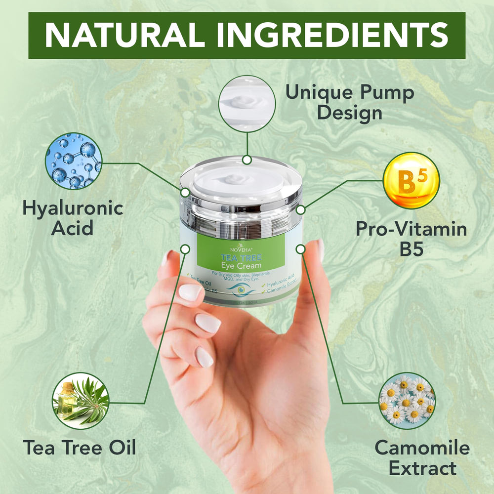 NOVEHA tea tree oil and chamomile ingredient close-up highlighting soothing benefits