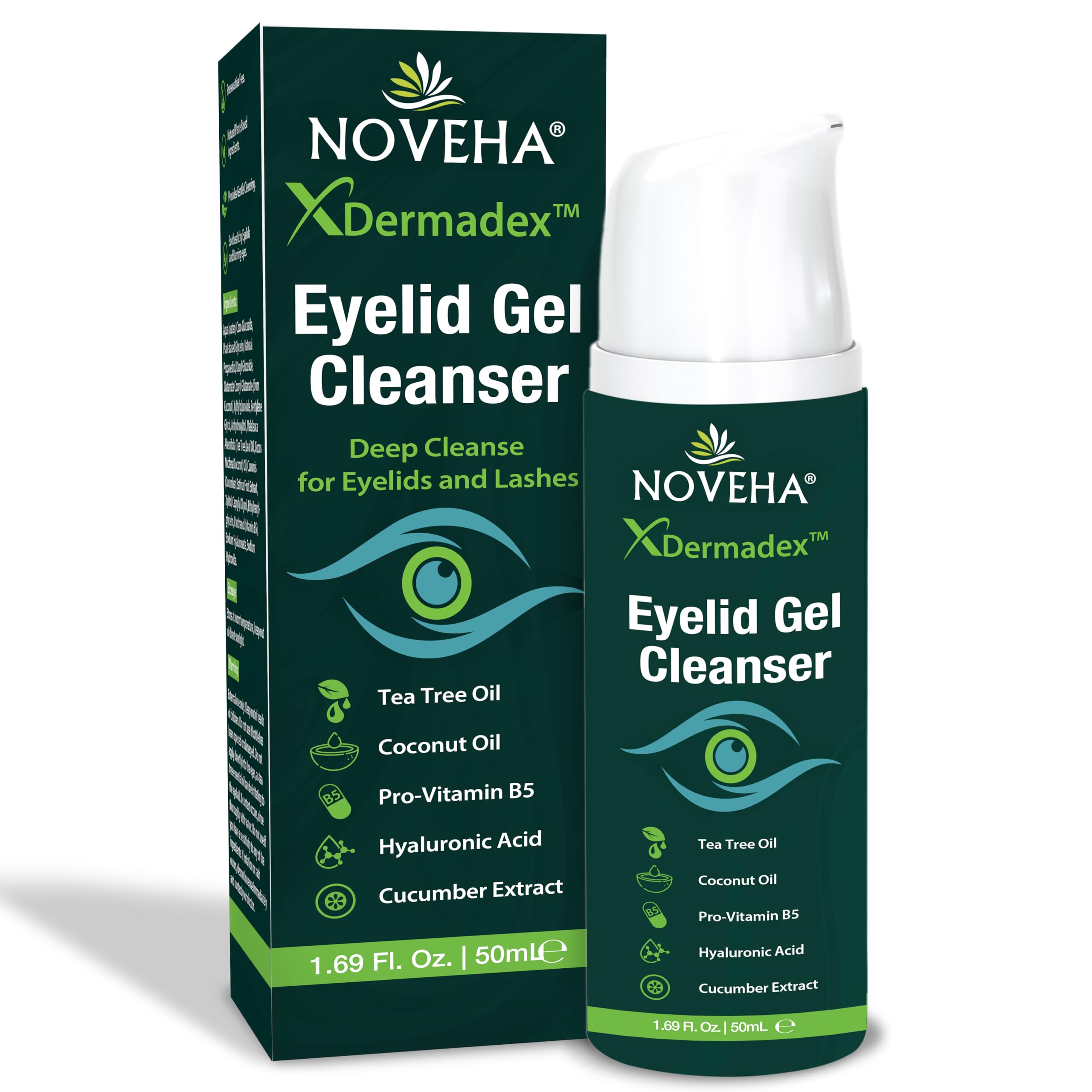 NOVEHA front packaging showing cleanser bottle and calming design benefit