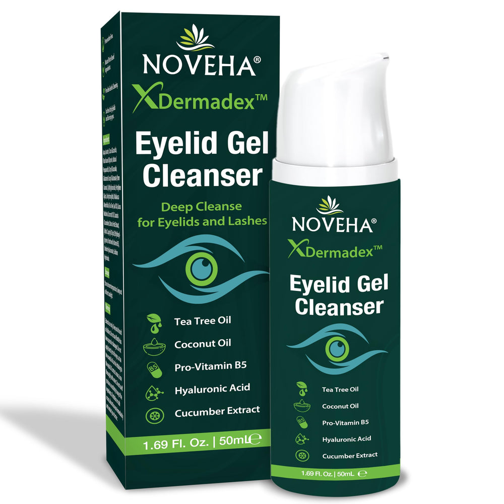 NOVEHA front packaging showing cleanser bottle and calming design benefit