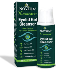 NOVEHA front packaging showing cleanser bottle and calming design benefit