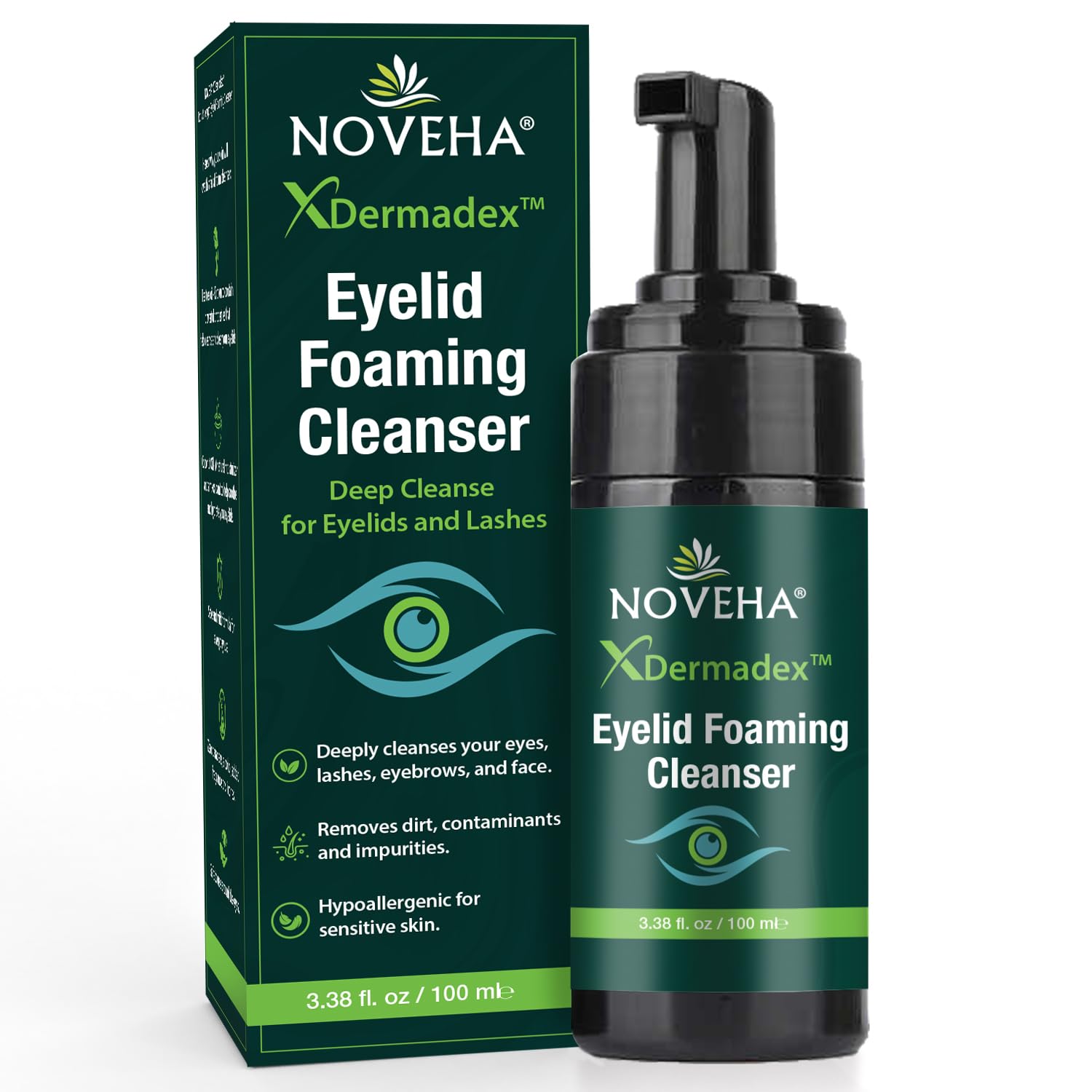 NOVEHA front packaging showing cleanser and pump, highlights convenience