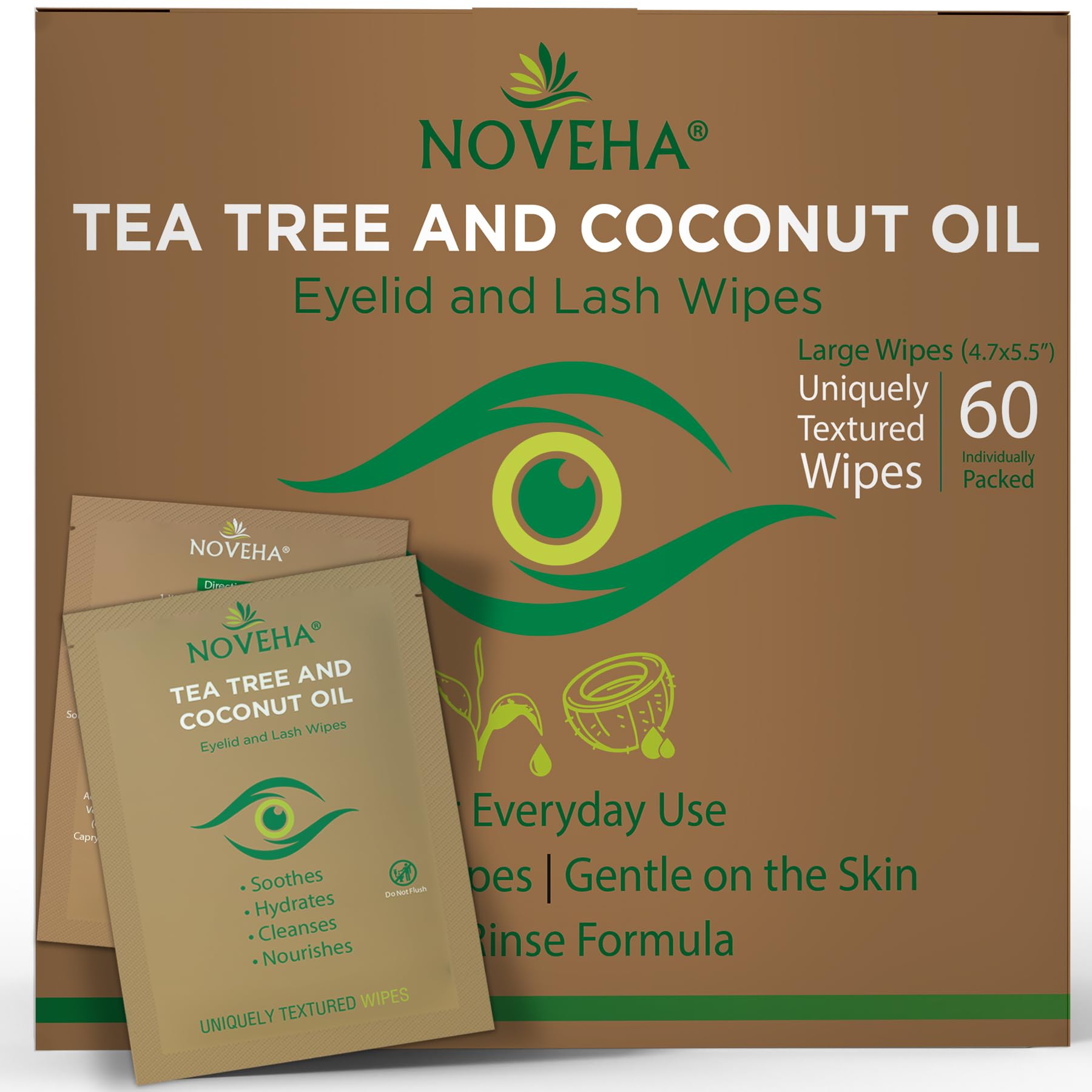 NOVEHA front packaging showing 60 individually wrapped wipes for convenience