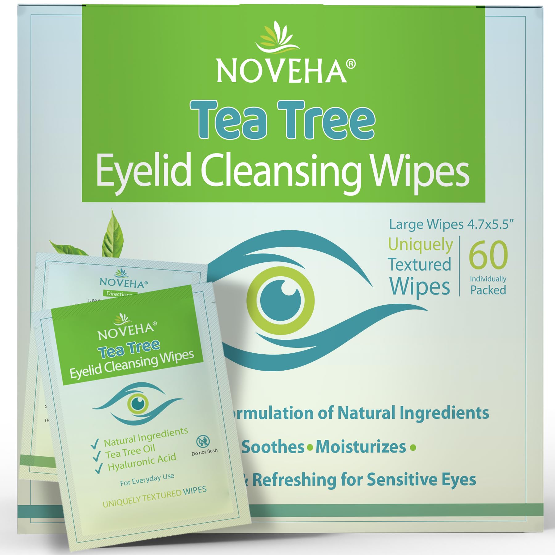 NOVEHA front packaging showing 60 individually wrapped eyelid wipes for convenient cleansing