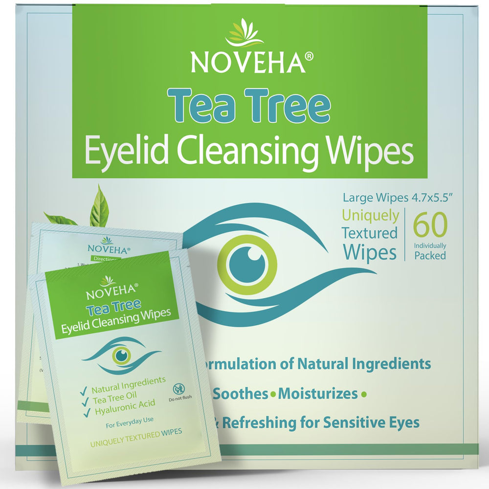 NOVEHA front packaging showing 60 individually wrapped eyelid wipes for convenient cleansing