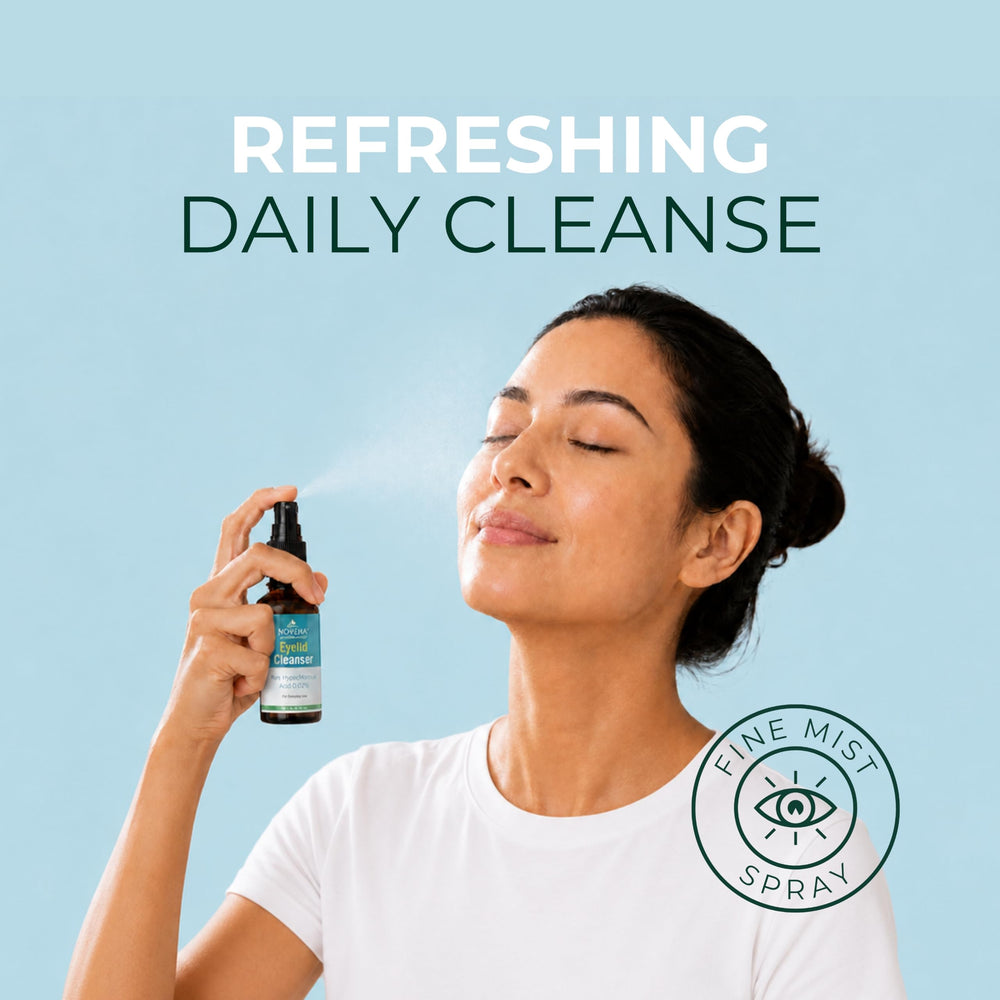 NOVEHA being wiped along lashline demonstrating safe, effective cleansing
