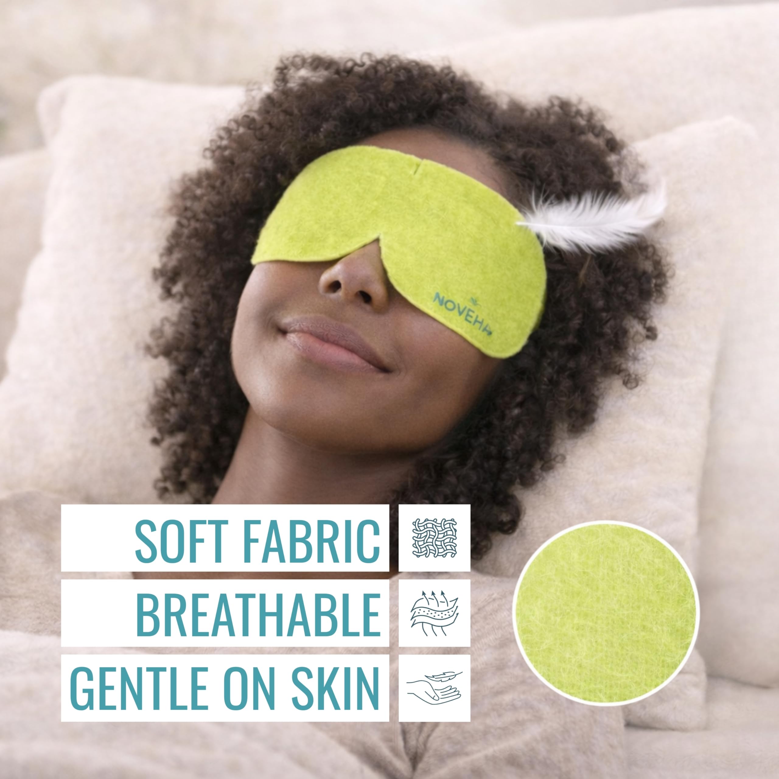NOVEHA mask with subtle steam graphic showing warm moist-heat relief
