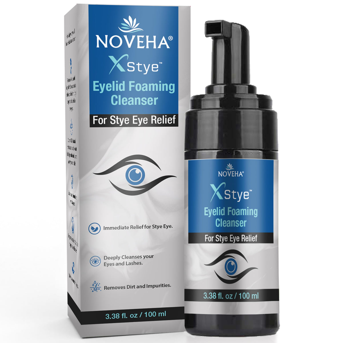 NOVEHA bottle front packaging showing clear label and pump for easy dispensing