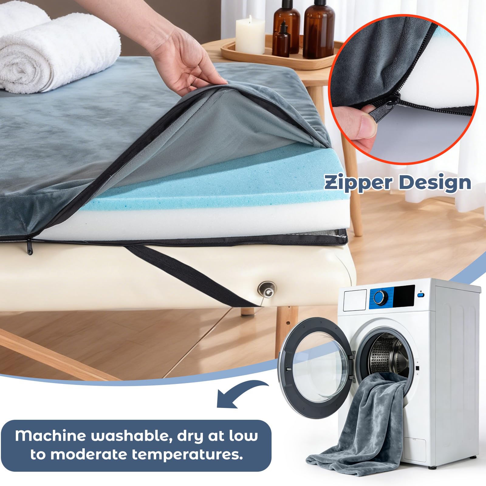 Noverlife elastic straps detail securing topper to table for worry-free sessions