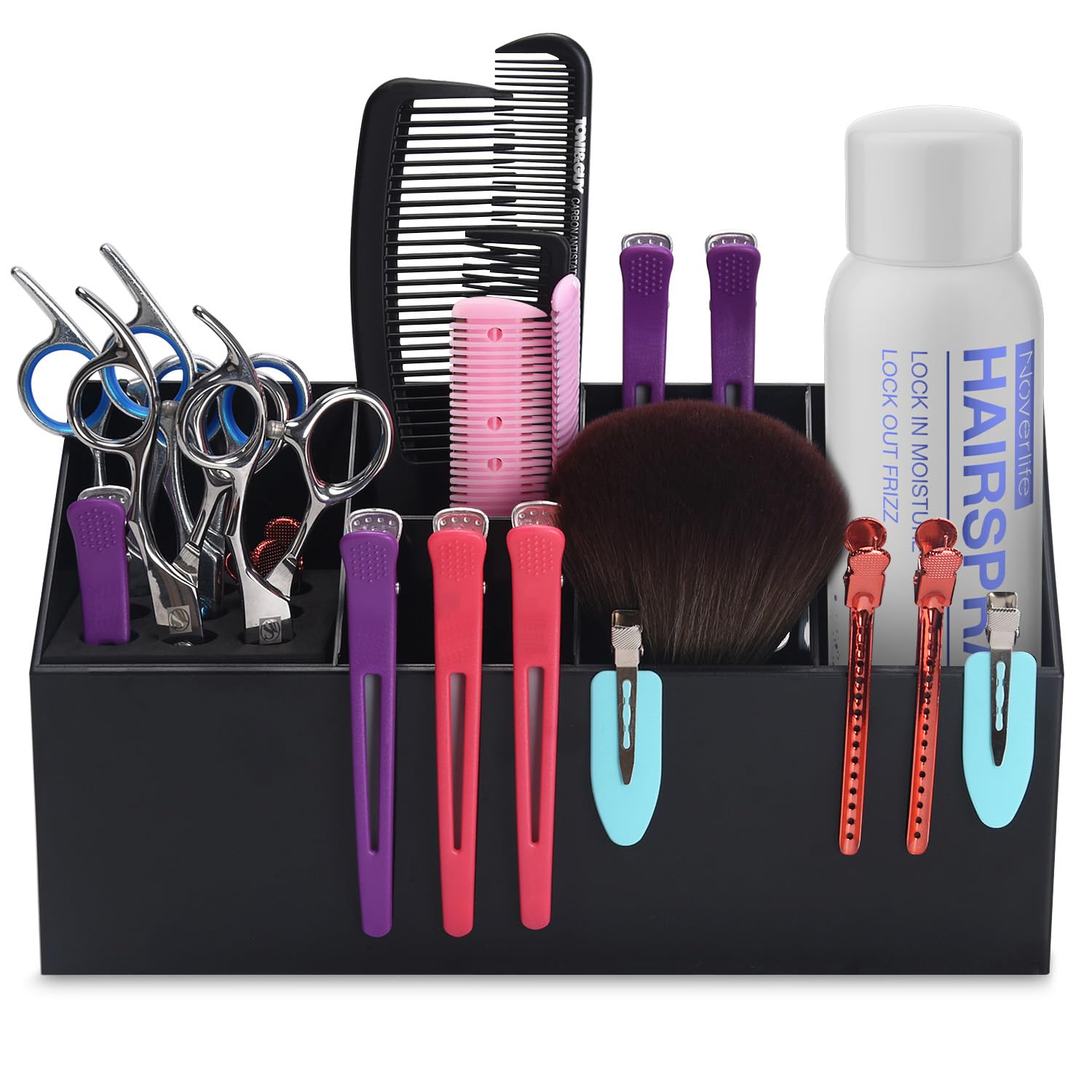 Noverlife on a bathroom shelf storing combs and tweezers for neatness