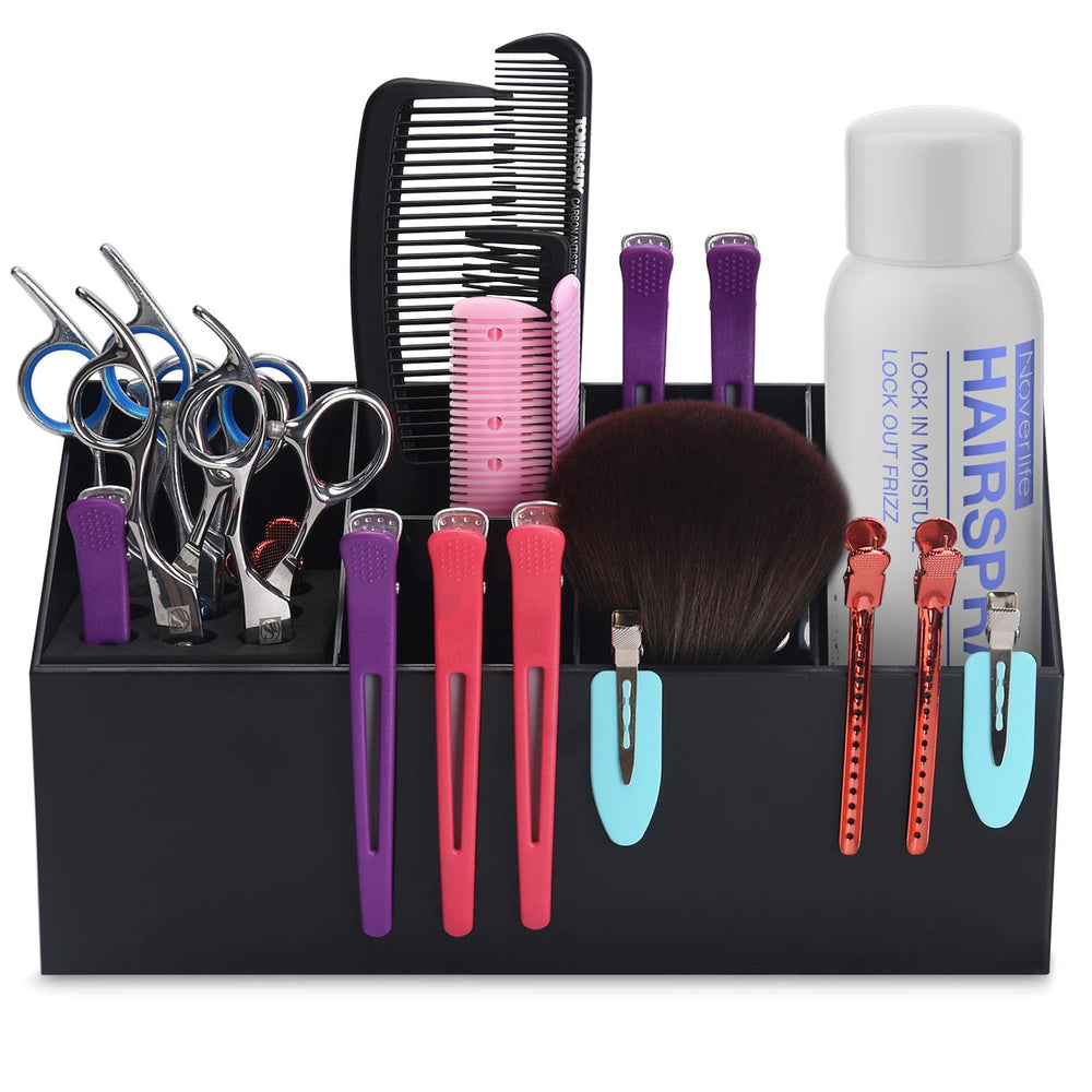 Noverlife on a bathroom shelf storing combs and tweezers for neatness