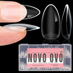 NOVO OVO front packaging showing 336 almond tips and kit contents for convenience