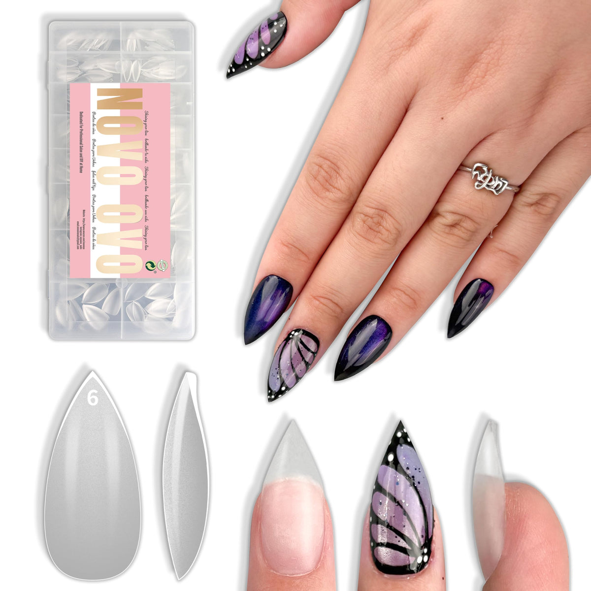 NOVO OVO front packaging showing 480pcs and stiletto shape for quick selection