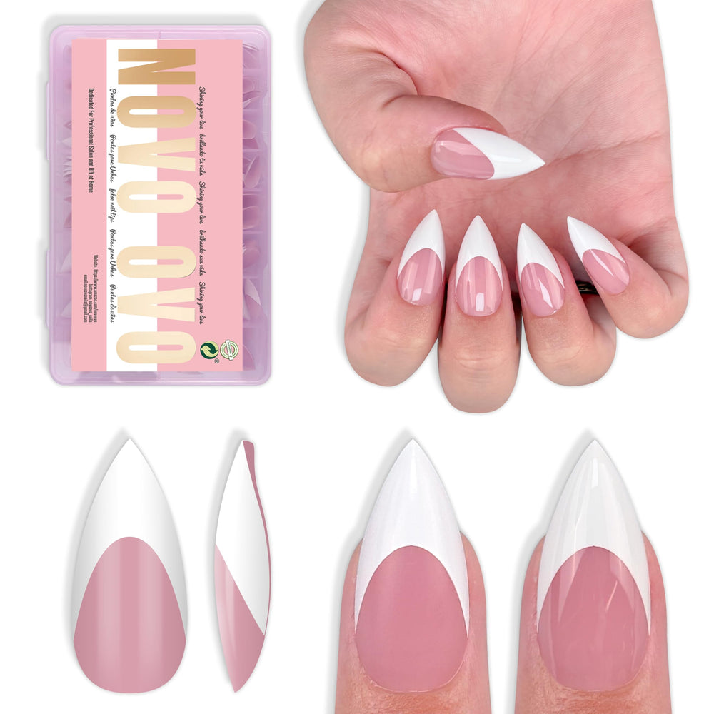NOVO OVO front packaging showing 160-piece stiletto French kit and quick results