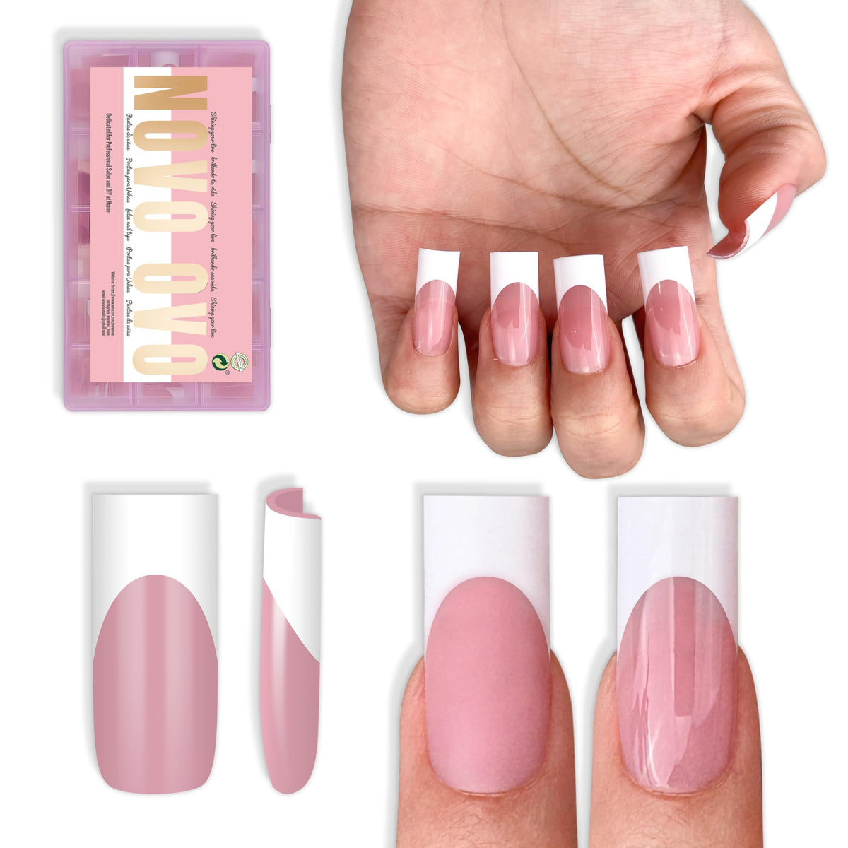 NOVO OVO front packaging showing 180-piece French tip set, quick salon finish