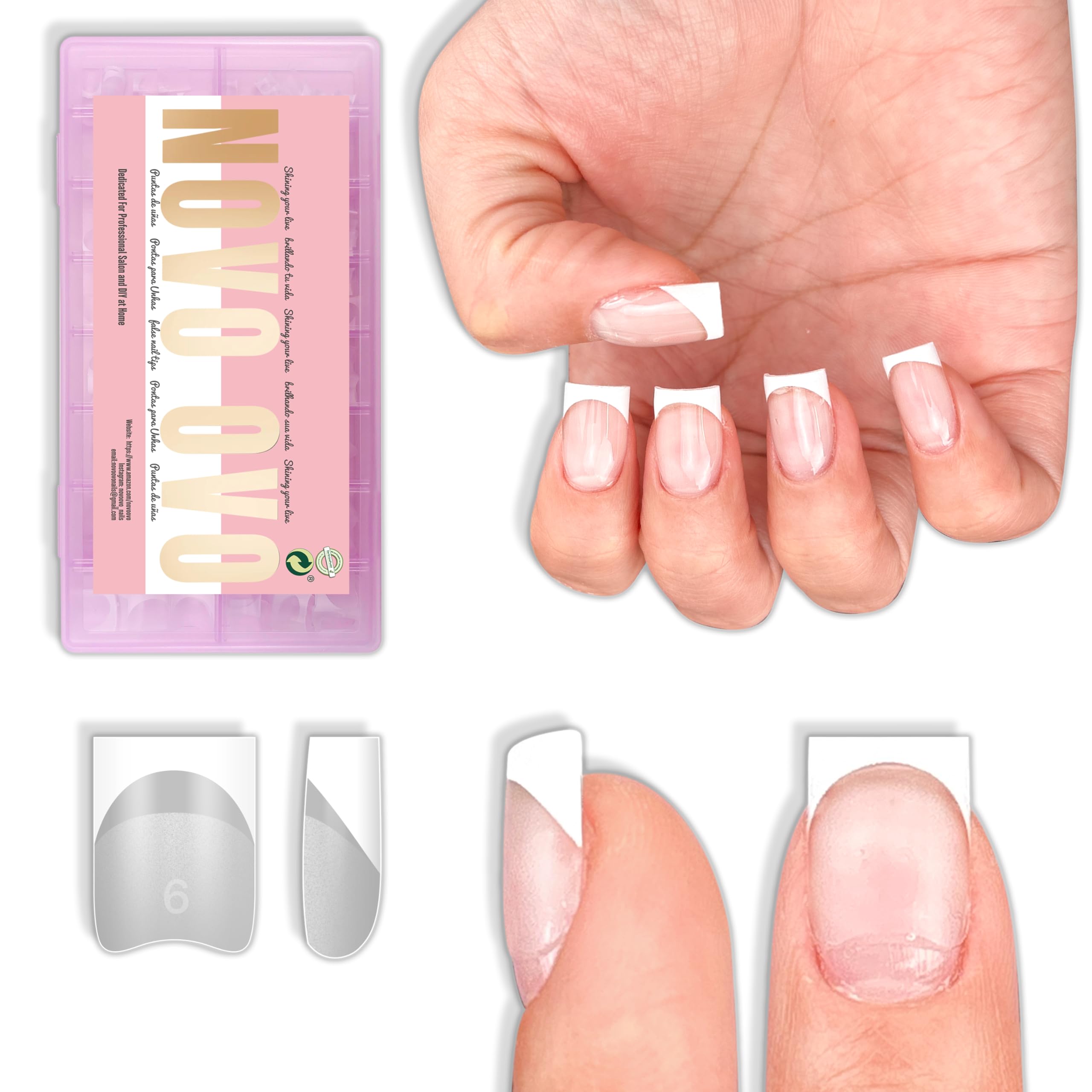 NOVO OVO front packaging showing 224-piece white French tip kit for fast manicures