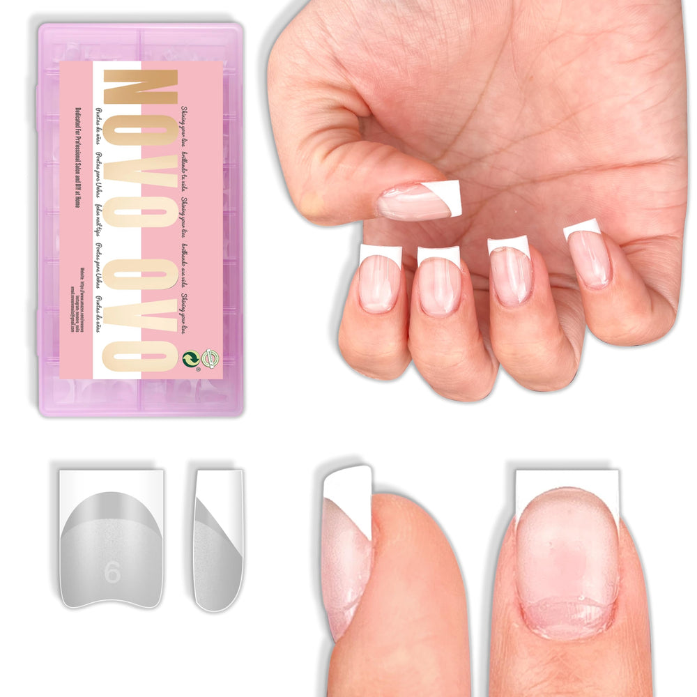 NOVO OVO front packaging showing 224-piece white French tip kit for fast manicures