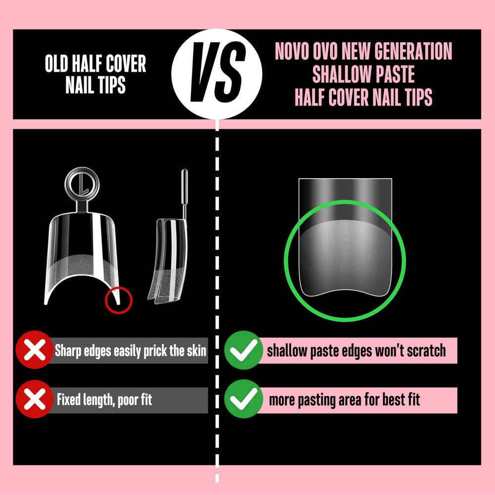 NOVO OVO tips being pressed on nail demonstrating quick press-on application