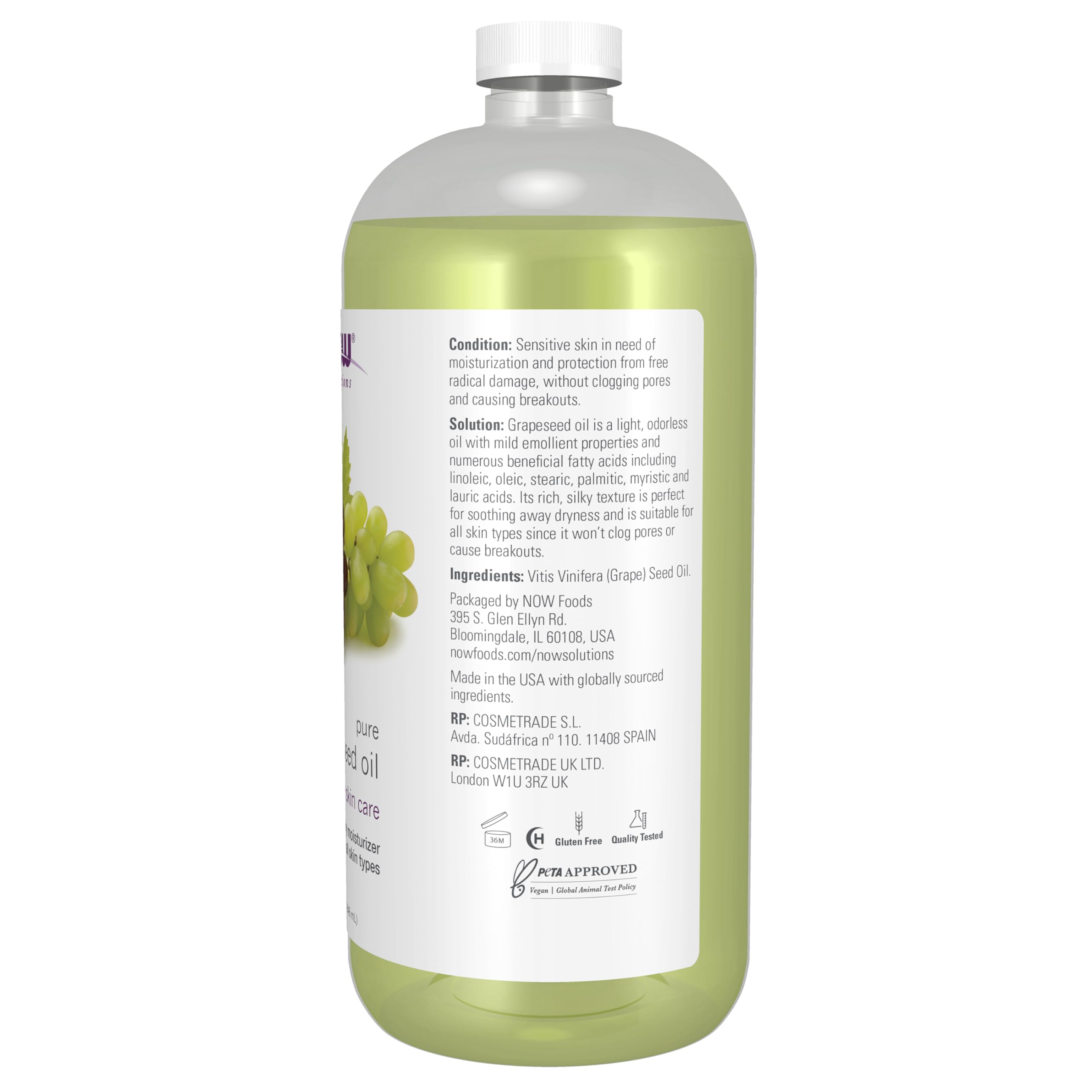 NOW grapeseed oil pouring from bottle close-up illustrating smooth, lightweight flow