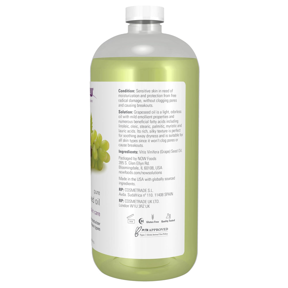 NOW grapeseed oil pouring from bottle close-up illustrating smooth, lightweight flow