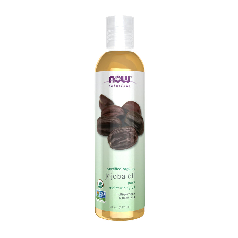 NOW jojoba oil front bottle showing packaging and organic label for clear choice