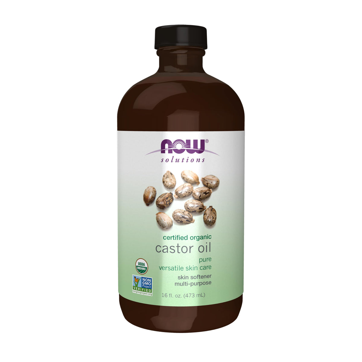 NOW organic castor oil front bottle showing clean packaging and size benefit
