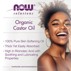 NOW castor oil label detail highlighting organic certification and GMP quality