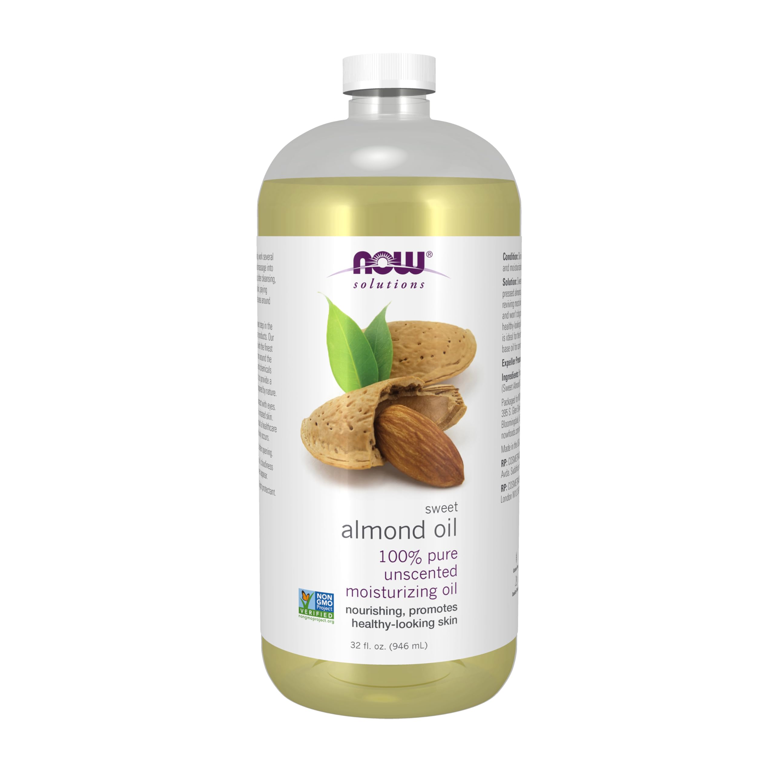 NOW sweet almond oil front packaging showing bottle and label, clear product benefit