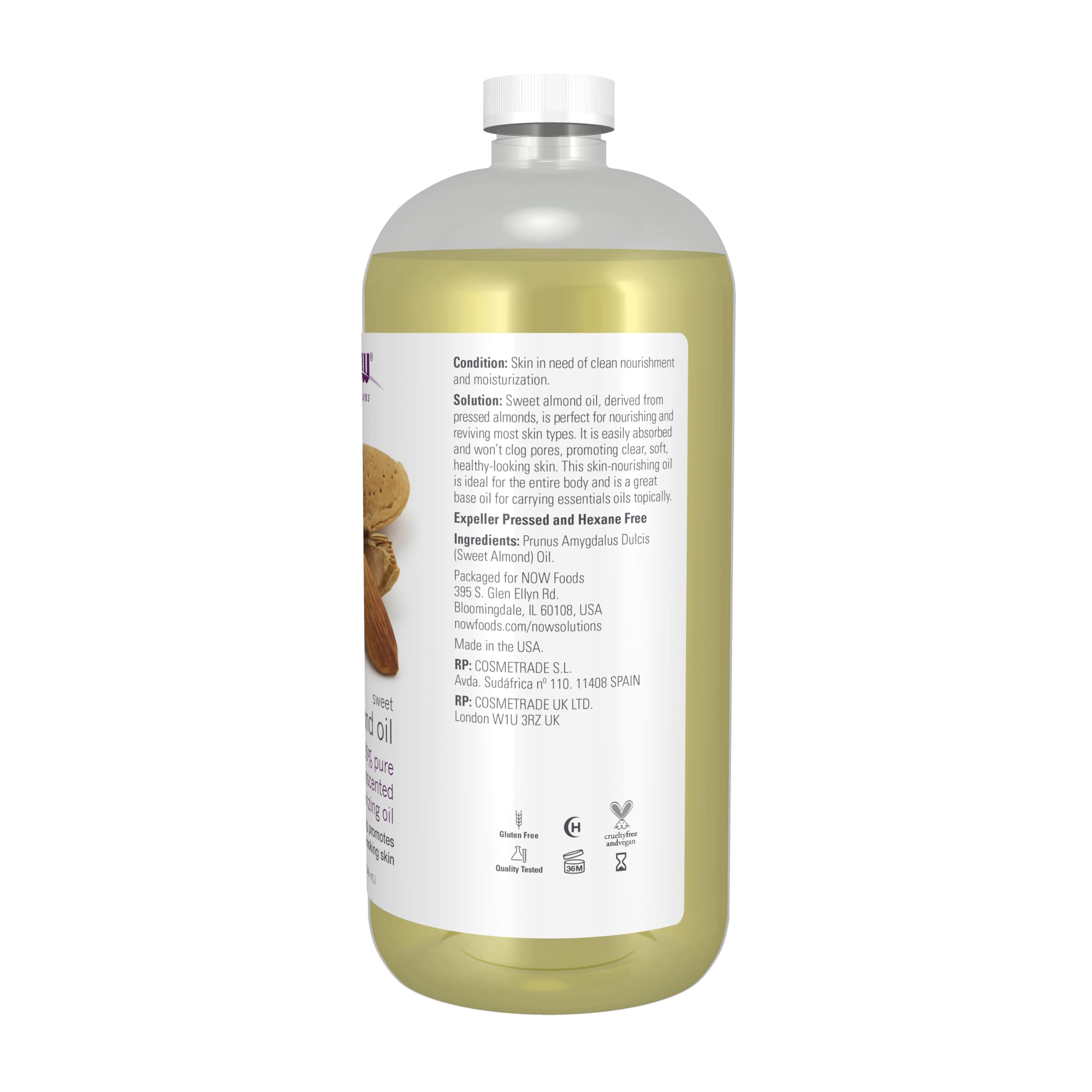 NOW sweet almond oil pouring close-up showing smooth texture and absorption benefit