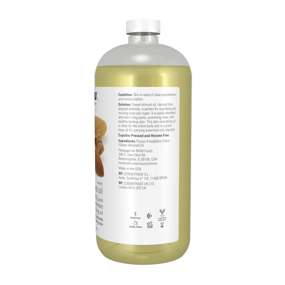 NOW sweet almond oil pouring close-up showing smooth texture and absorption benefit