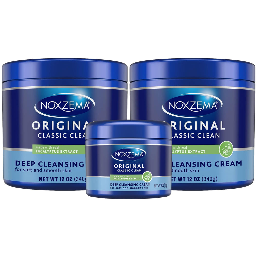 Noxzema front packaging showing travel and full-size jars for convenient supply