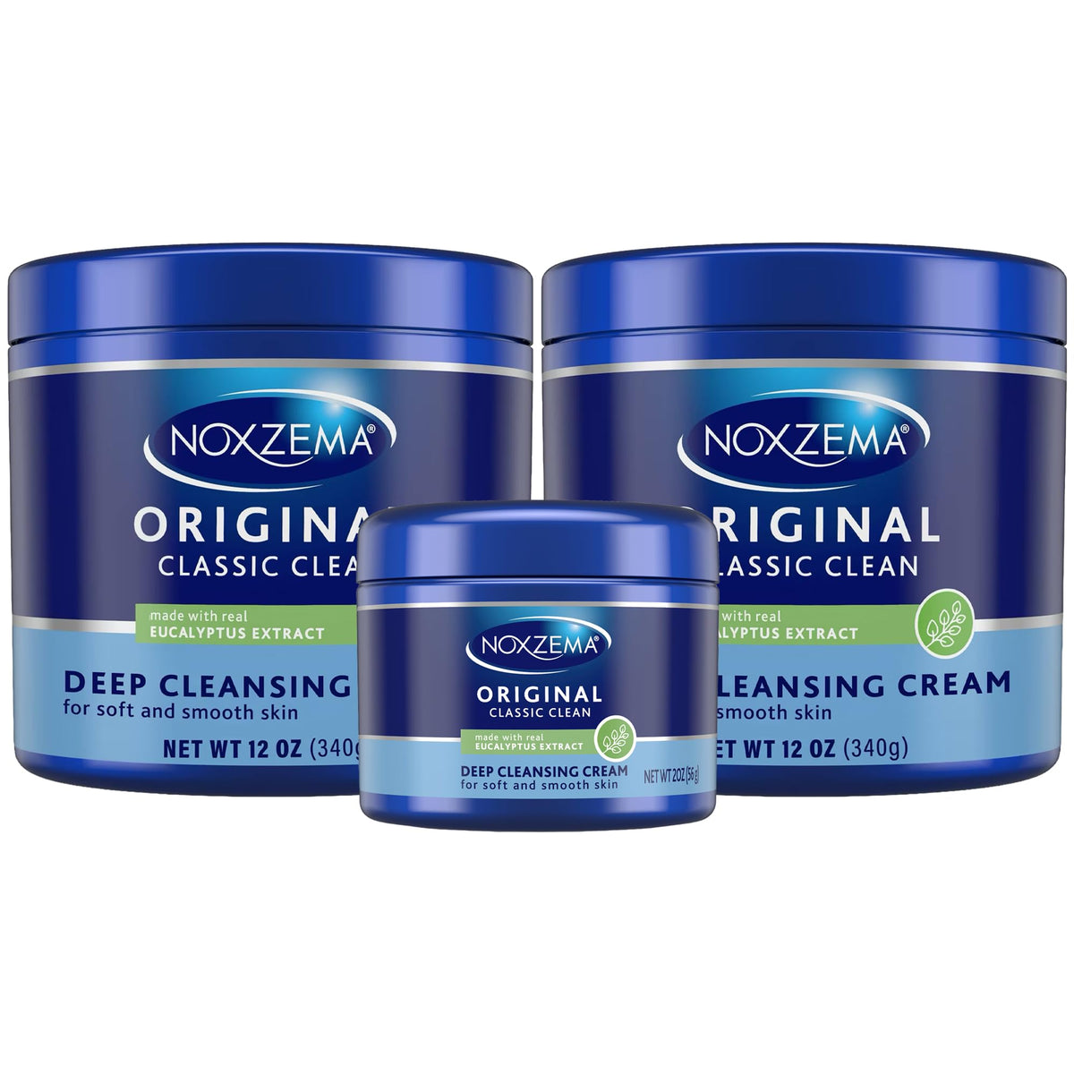 Noxzema front packaging showing travel and full-size jars for convenient supply