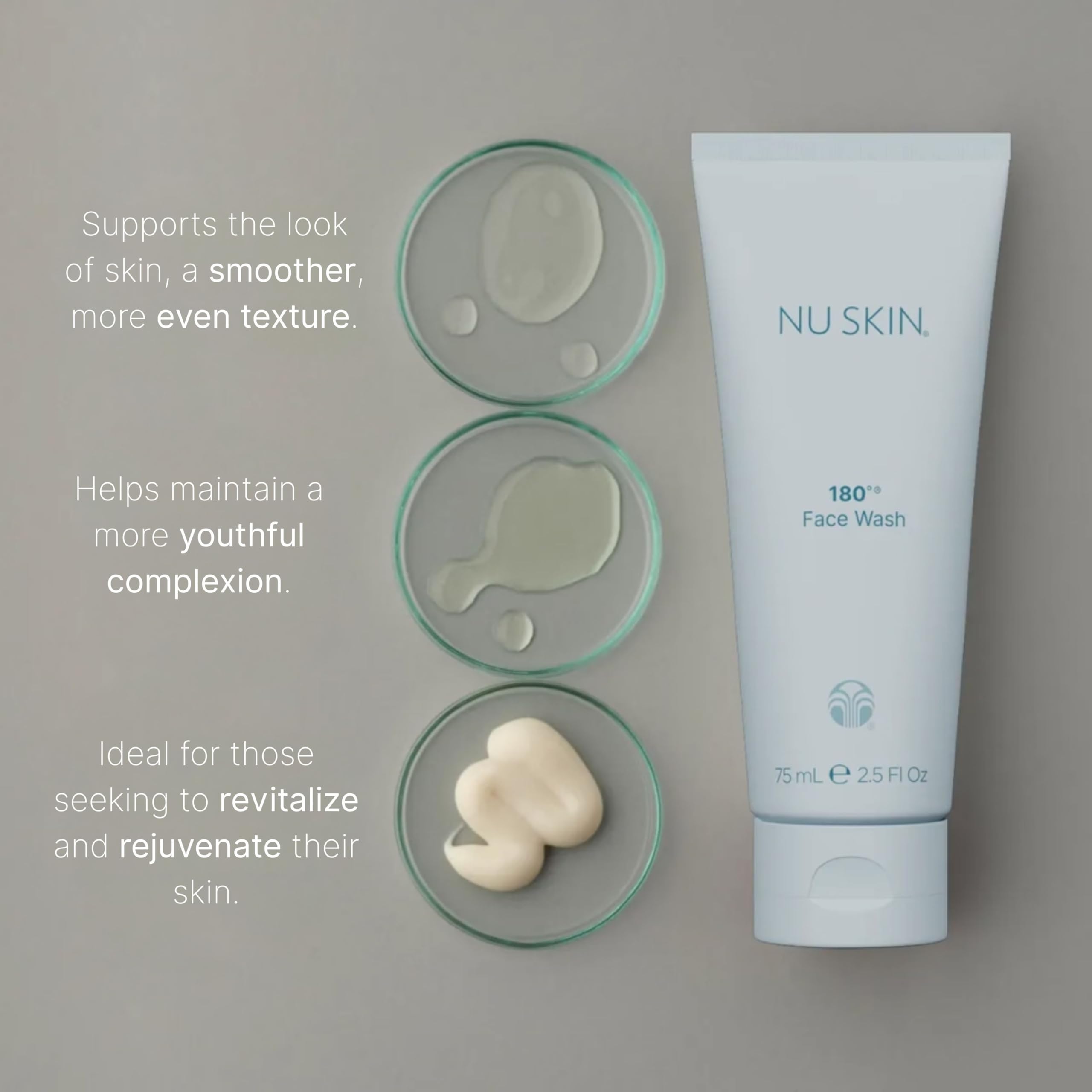 Nu Skin 180° face wash dispensed on hand for easy application