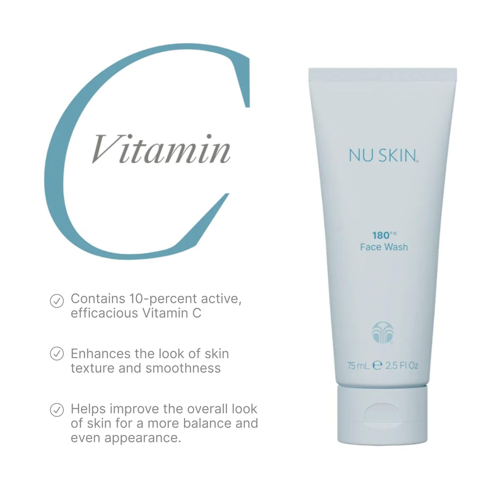 Nu Skin 180° tube label close-up highlighting vitamin C formula