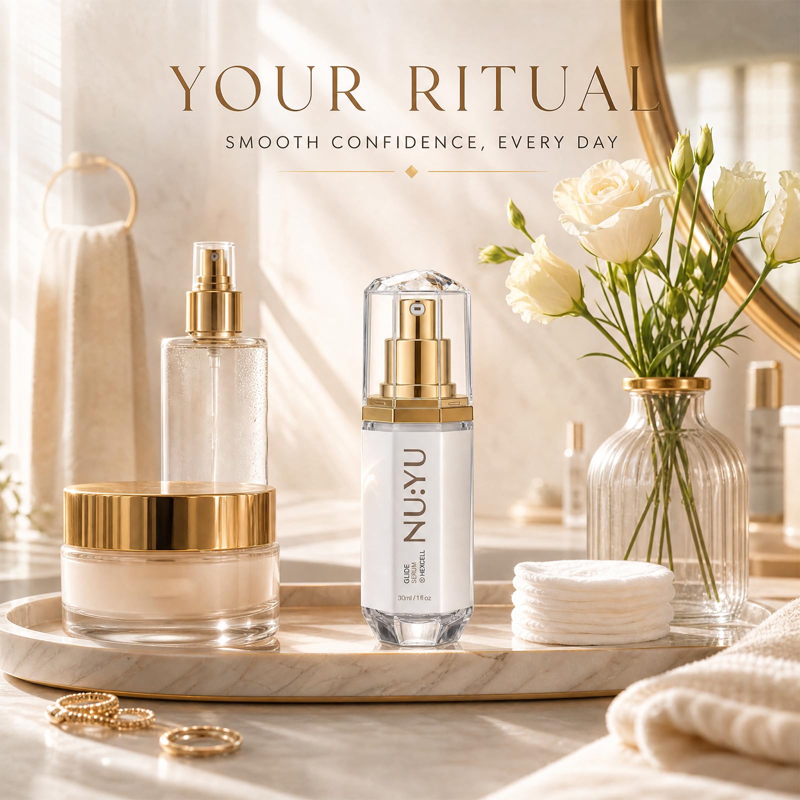 Generic Nu Yu on bathroom counter in routine setting for convenience benefit