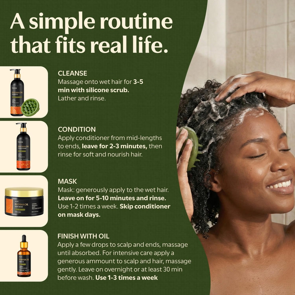 Nuani batana shampoo and massager in shower demonstrating use